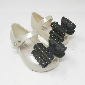 Mini Melissa Baby Girl Size 5 Pearly White and Black Bow Shoes